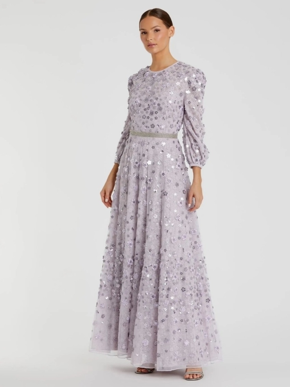Mac Duggal Lavender Floral Sequin Maxi Dress